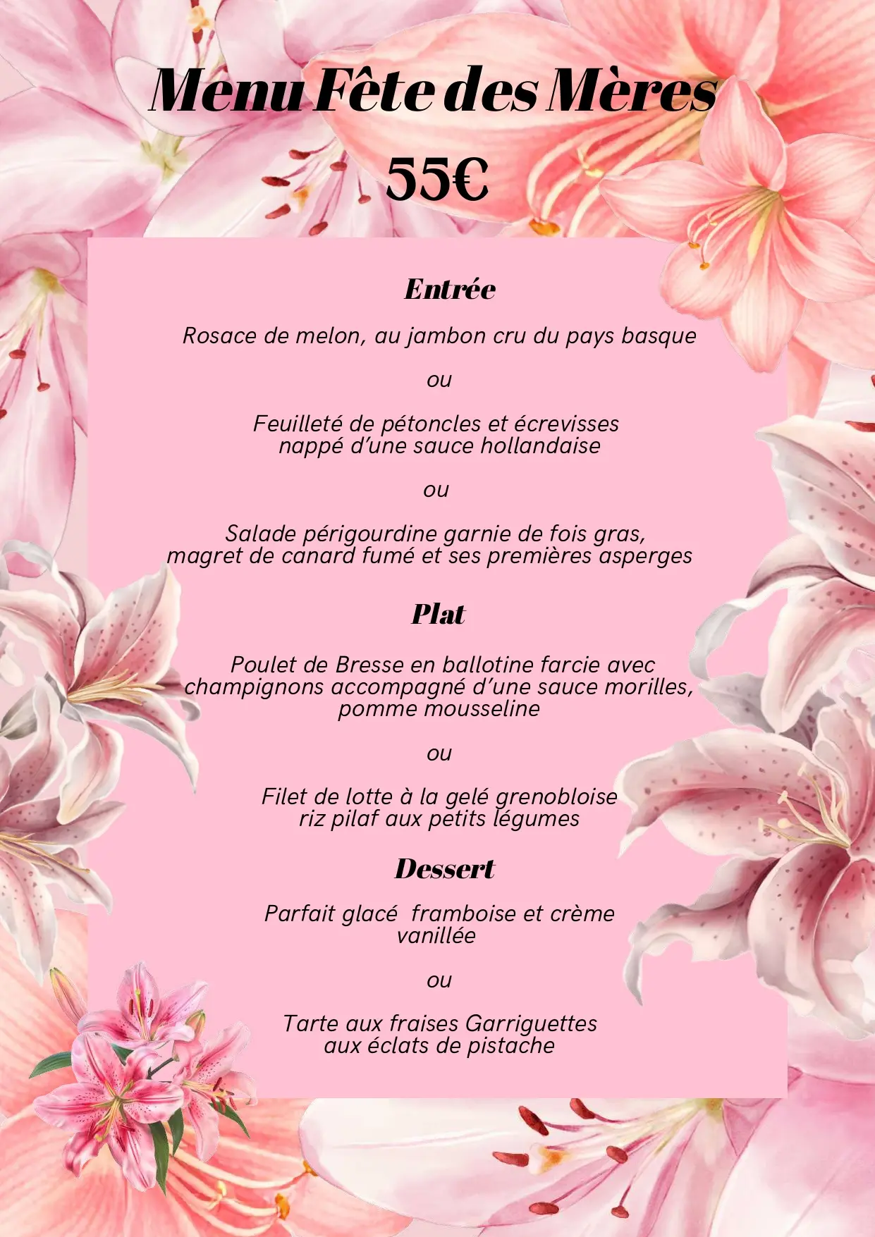 Menu de la fête des mères du restaurant Bois Joly