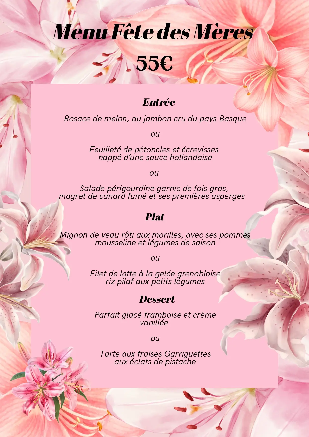 Menu fêtes des mères 2026